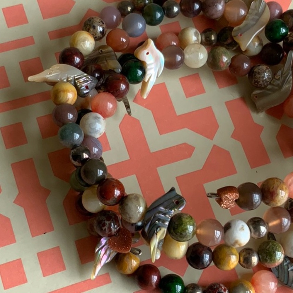 Boho Gemstone Beaded Wrap Bracelet w/ Shell Birds